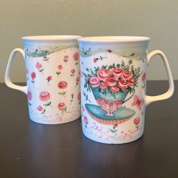 Set of 2 ROSE of ENGLAND Fine Bone China Floral Cups Mugs ~ United Kingdom UK - Picture 1 of 15